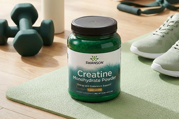 Swanson creatine monohydrate powder jar on a green exercise mat with dumbbells and sneakers