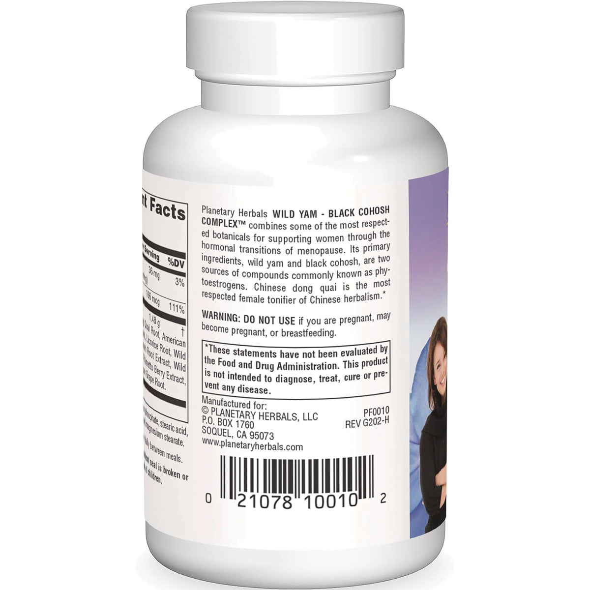 Back label of white supplement bottle showing supplement facts, warnings, ingredients and barcode