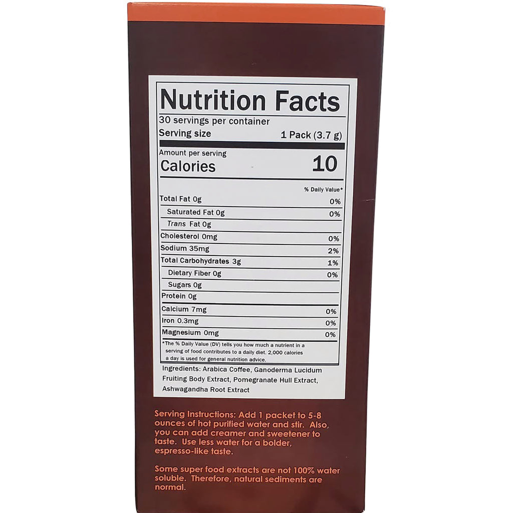 NVC002 | Nutrition Facts panel showing 10 calories, ingredients list and serving instructions on back of coffee supplement box - Thumbnail