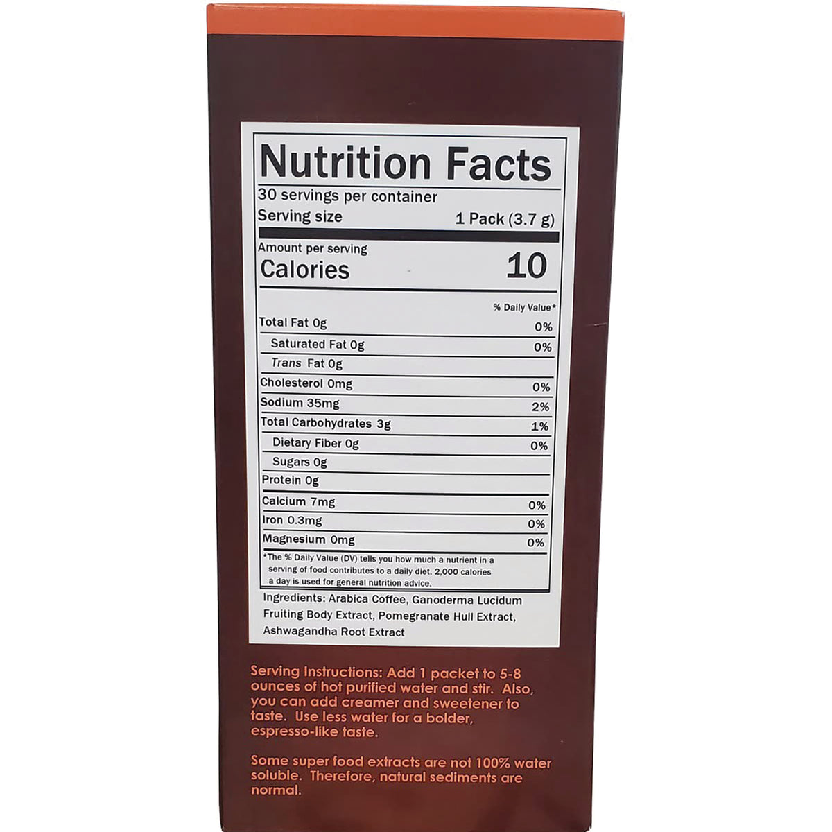 NVC002 | Nutrition Facts panel showing 10 calories, ingredients list and serving instructions on back of coffee supplement box