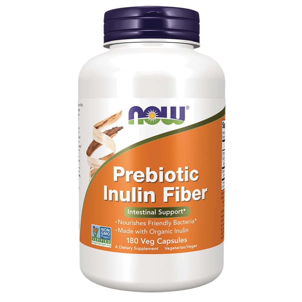NWF1396 | NOW Prebiotic Inulin Fiber supplement bottle with orange label, 180 veg capsules - Thumbnail