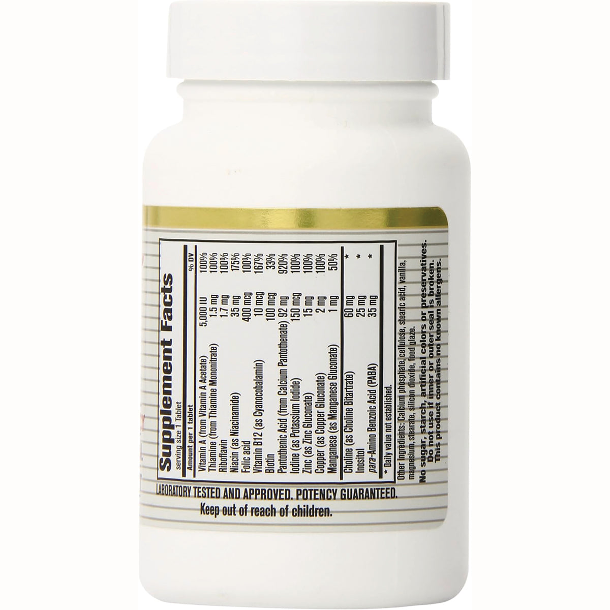 CNA006 | back of white supplement bottle showing Supplement Facts label and text Keep out of reach of children