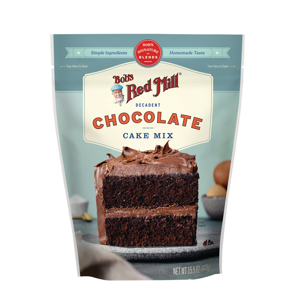 BOB483 | Bob's Red Mill decadent chocolate cake mix front pouch with a two-layer frosted chocolate cake slice - Thumbnail