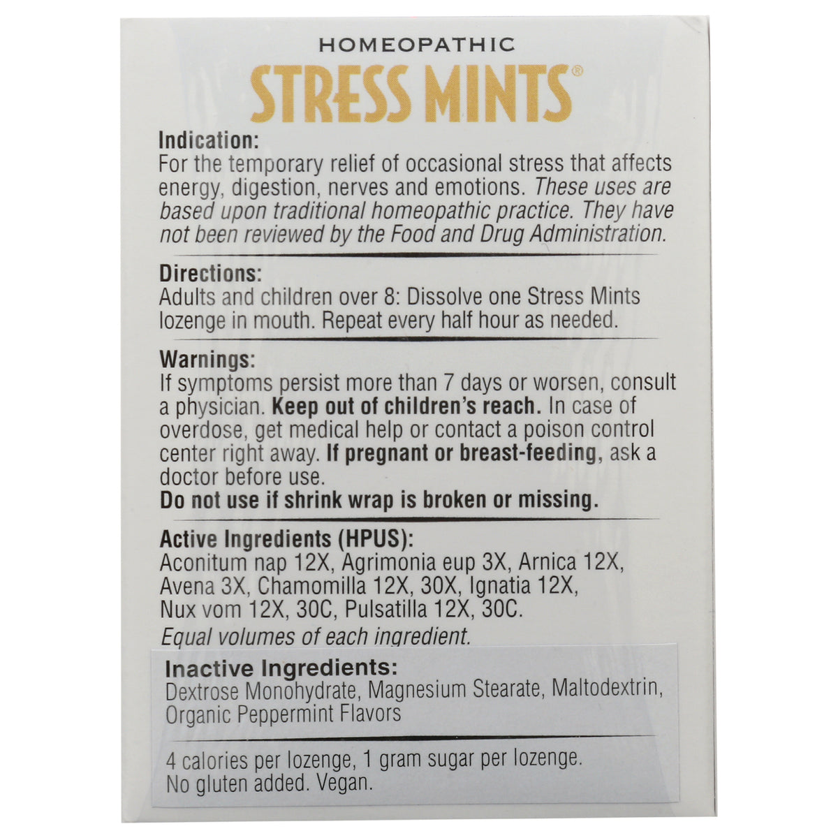 HLR006 | Back panel of Stress Mints box showing indications, directions, warnings, active and inactive ingredients