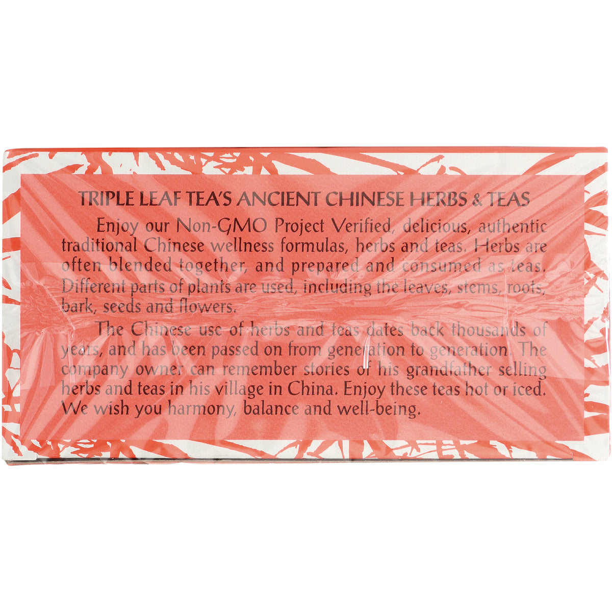 TLT026 | Back panel: TRIPLE LEAF TEAS ANCIENT CHINESE HERBS & TEAS, Non-GMO Project Verified story and usage text