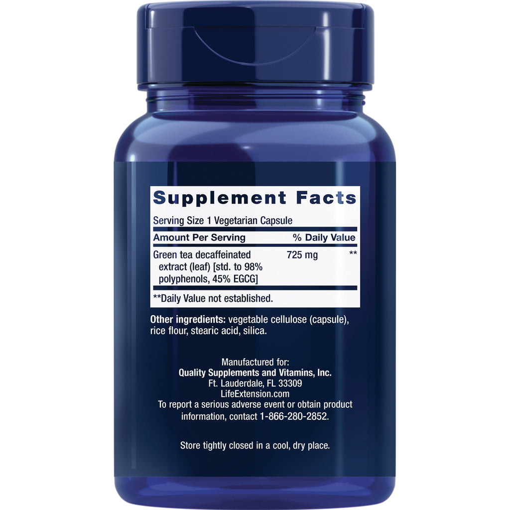 LE010 | Back of blue supplement bottle showing Supplement Facts panel and ingredients list including 725 mg green tea extract - Thumbnail