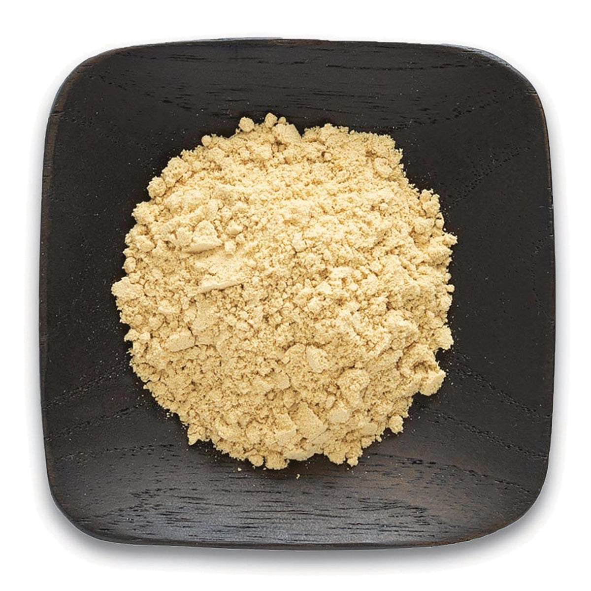 FNP040 | Pile of light beige powder on a square dark wooden plate, top-down product shot