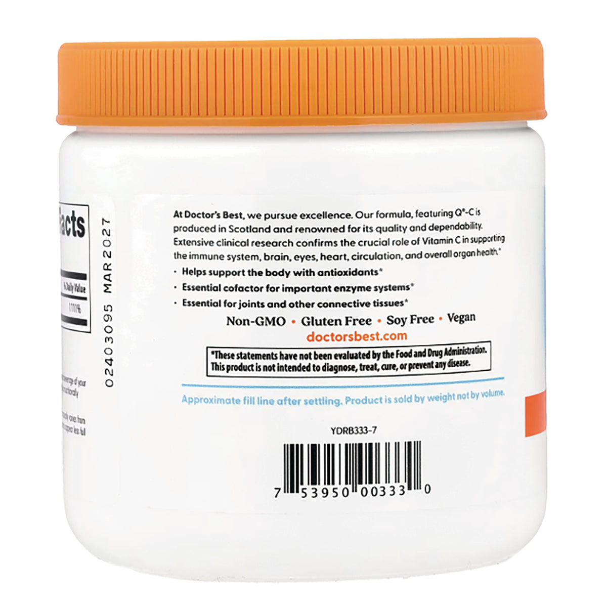 DB222 | Back of white supplement jar with orange lid showing product text, Non-GMO Gluten Free Soy Free Vegan and barcode