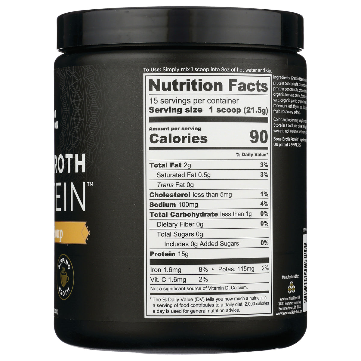 ATN095 | Nutrition Facts label showing serving size 1 scoop (21.5g), 90 calories, 15g protein