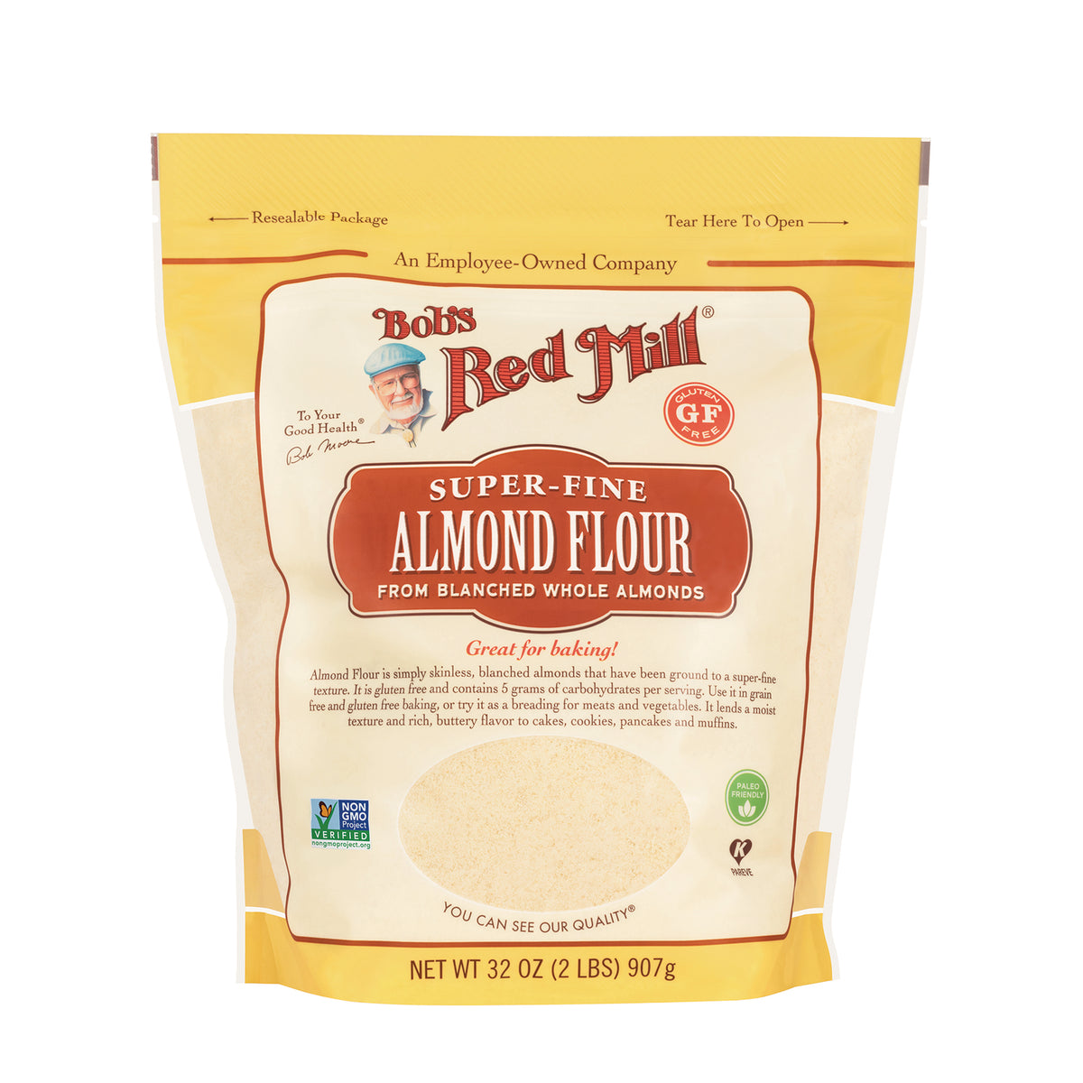 BOB474 | Bob's Red Mill super-fine almond flour 32 oz front pouch with clear window and branding