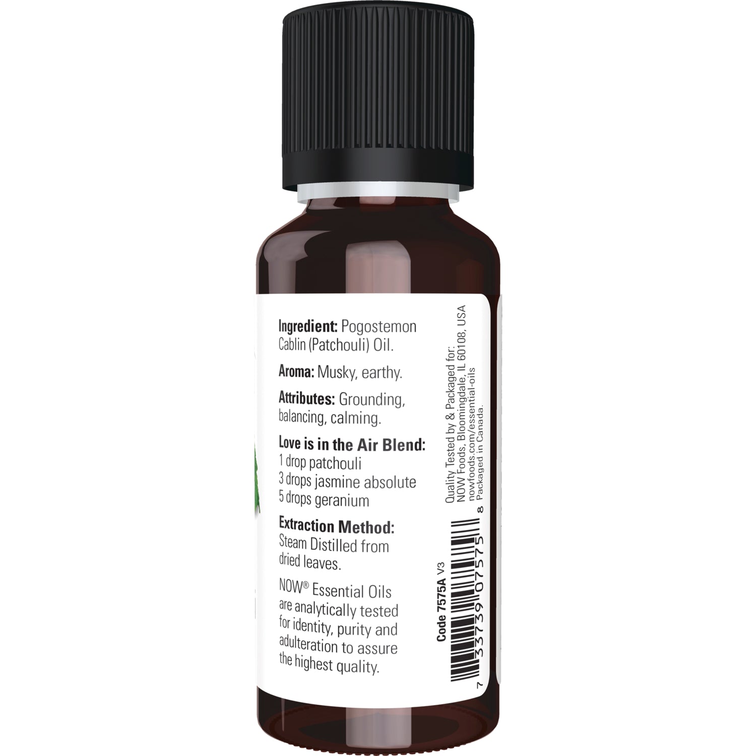 NWF199 | Back of amber essential oil bottle showing ingredients, extraction method, blend instructions and barcode