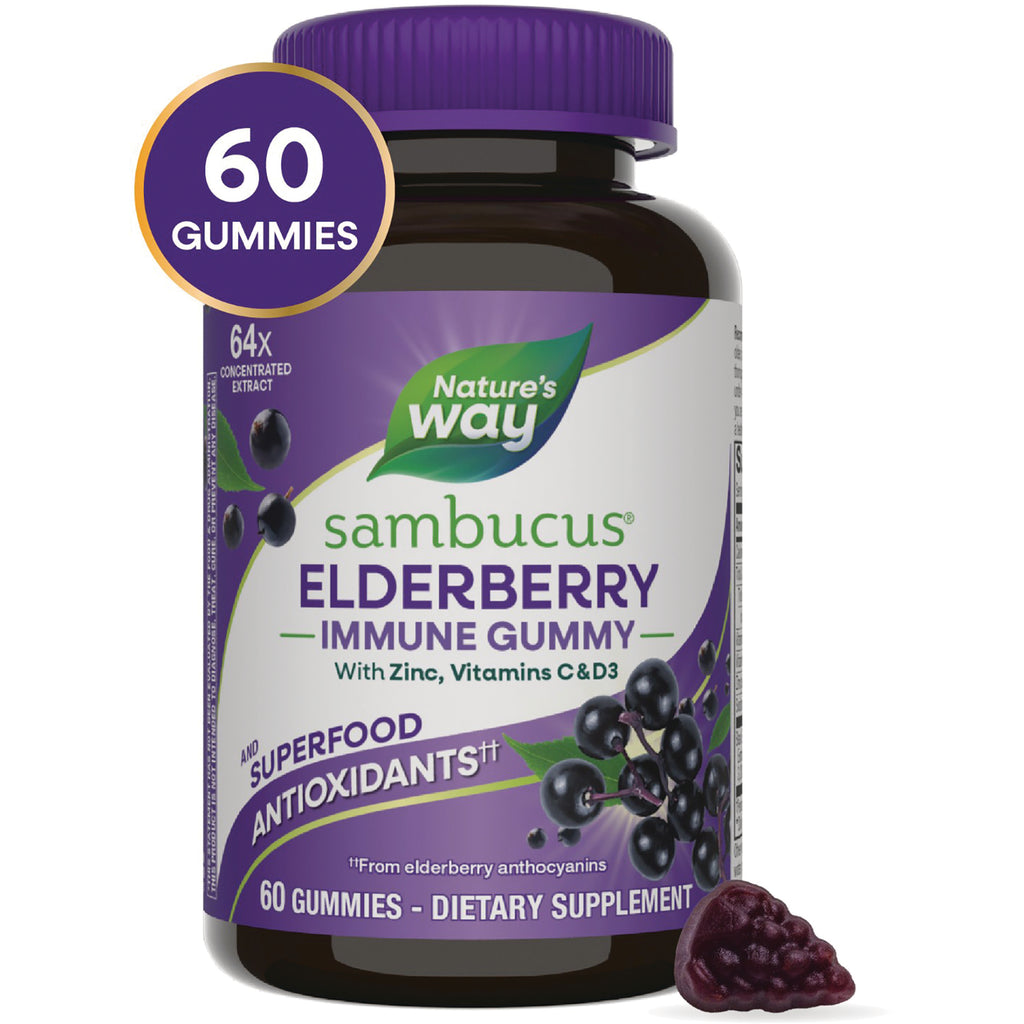 NW883 | Nature's Way Sambucus immune elderberry gummy bottle, 60 gummies, vitamins C & D3, plant-based pectin - Thumbnail