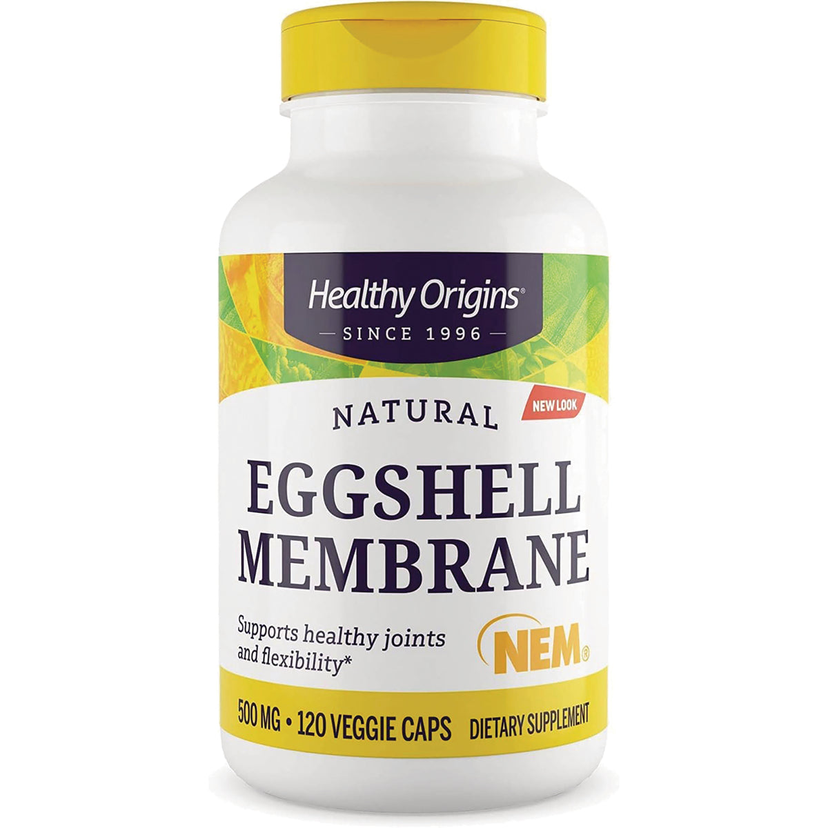 HRG102 | Healthy Origins natural Eggshell Membrane supplement bottle front showing brand, NEM logo, 500 MG 120 veggie caps