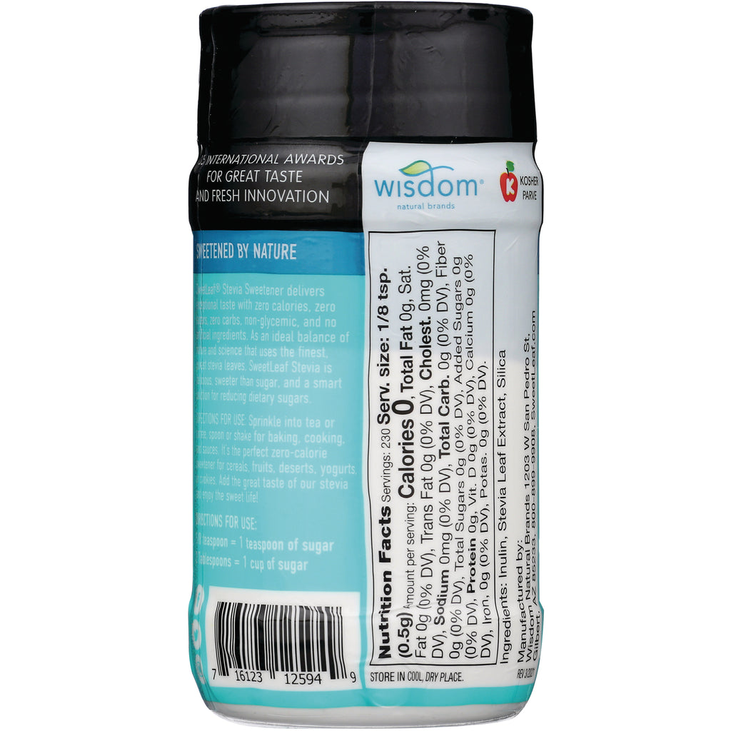 WA021 | Back of Wisdom stevia sweetener container showing Nutrition Facts and barcode - Thumbnail