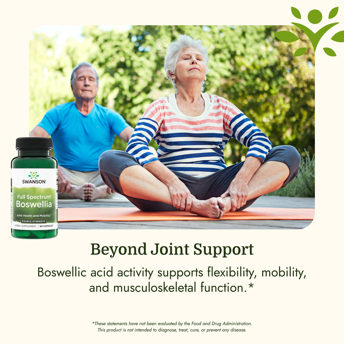 SW1589 | Older adults doing yoga outdoors with Swanson Boswellia supplement bottle and flexibility claim