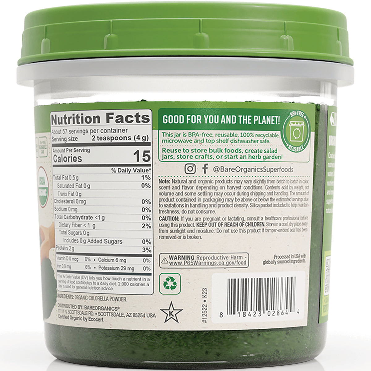 Jar back showing Nutrition Facts panel, recycling symbols, barcode, and small usage and warning text
