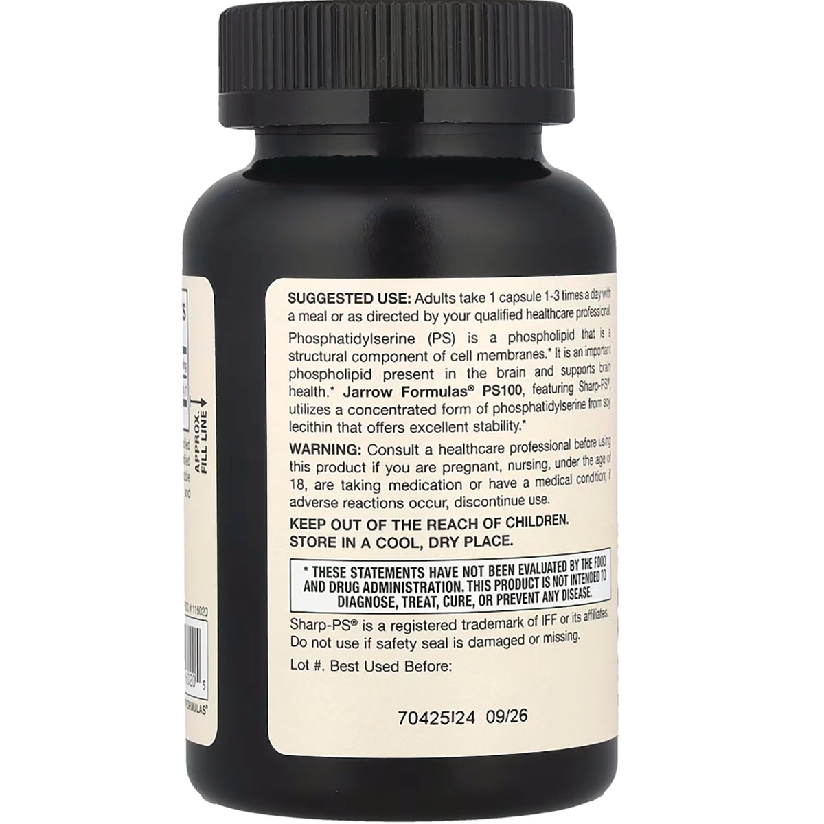 Back label of black supplement bottle showing suggested use, warnings, and best used before date 09/26