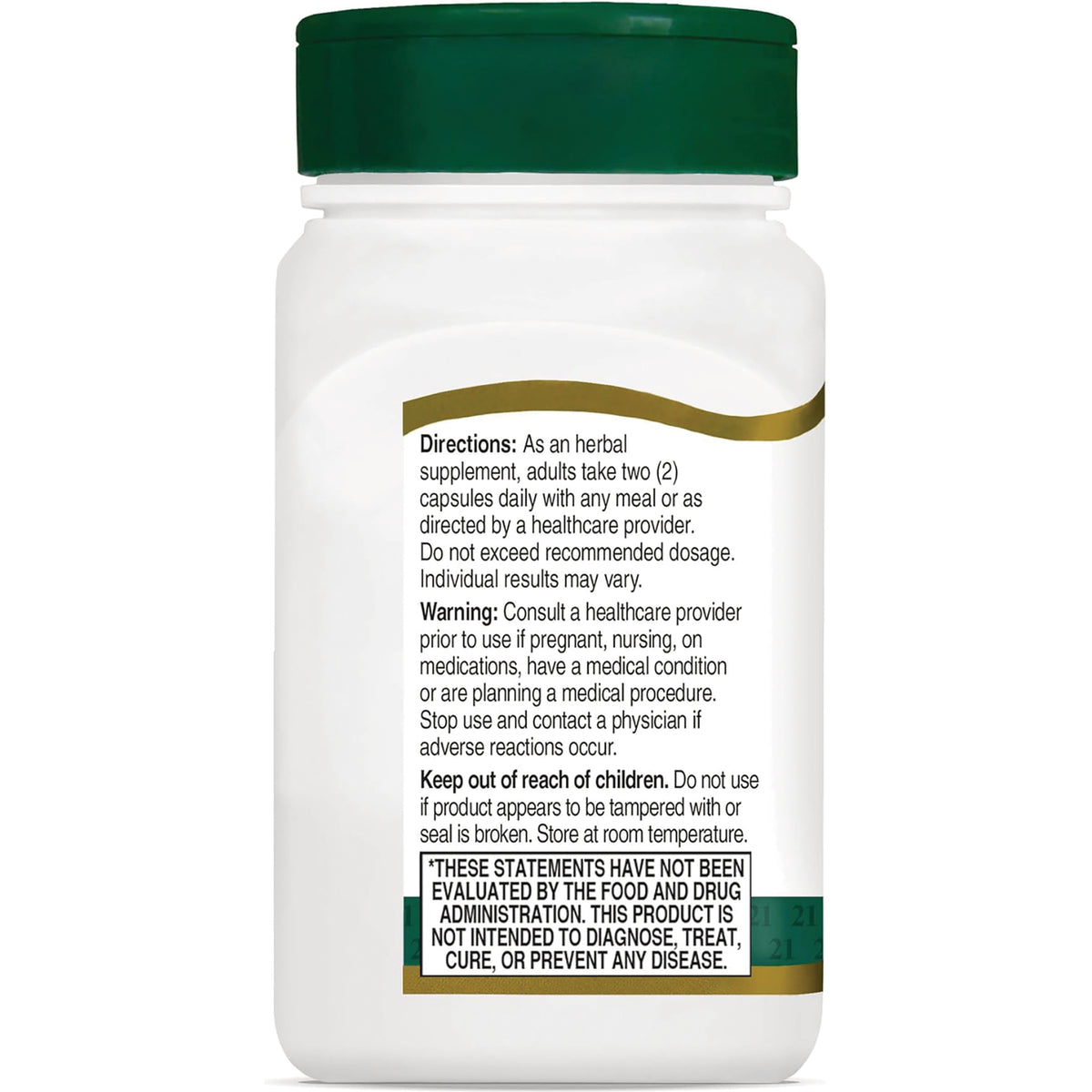 CNT092 | Back label of white supplement bottle with directions, warning, child safety notice and FDA disclaimer