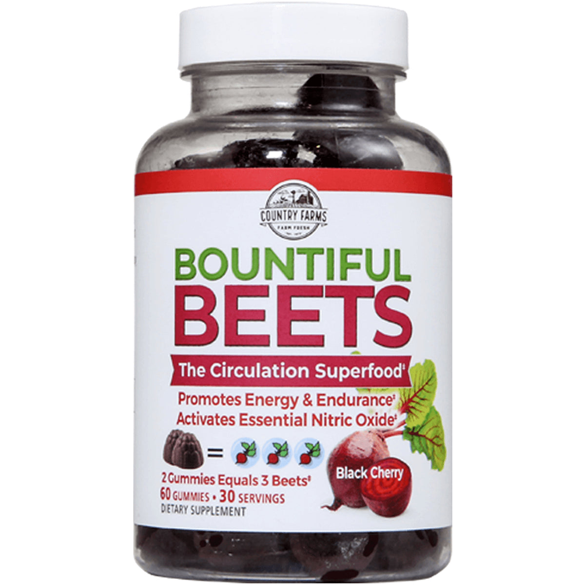CFR015 | Bountiful Beets black cherry gummy supplement bottle with white label and visible gummies