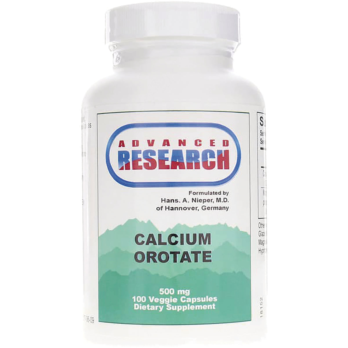 ADR006 | White bottle labeled Advanced Research Calcium Orotate, 500 mg, 100 Veggie Capsules