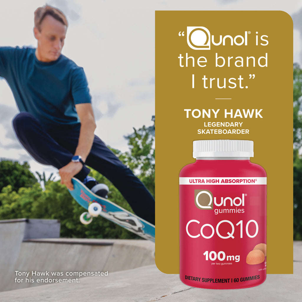 QNL013 | Tony Hawk skating beside Qunol CoQ10 gummies bottle and brand endorsement message - Thumbnail