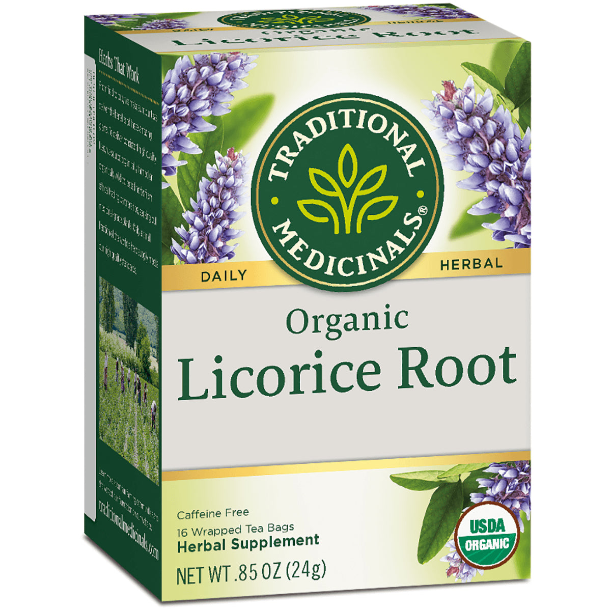 TMD023 | Traditional Medicinals Organic Licorice Root tea box, caffeine free, 16 wrapped bags, USDA Organic