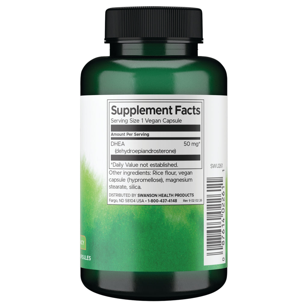 SWU261 | Back label with Supplement Facts for DHEA 50 mg, serving size 1 vegan capsule - Thumbnail