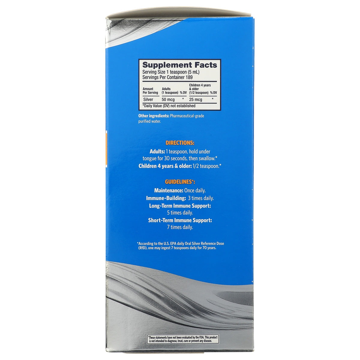 SSL010 | Back label with Supplement Facts for silver 50 mcg per tsp, directions, guidelines, and manufacturer info
