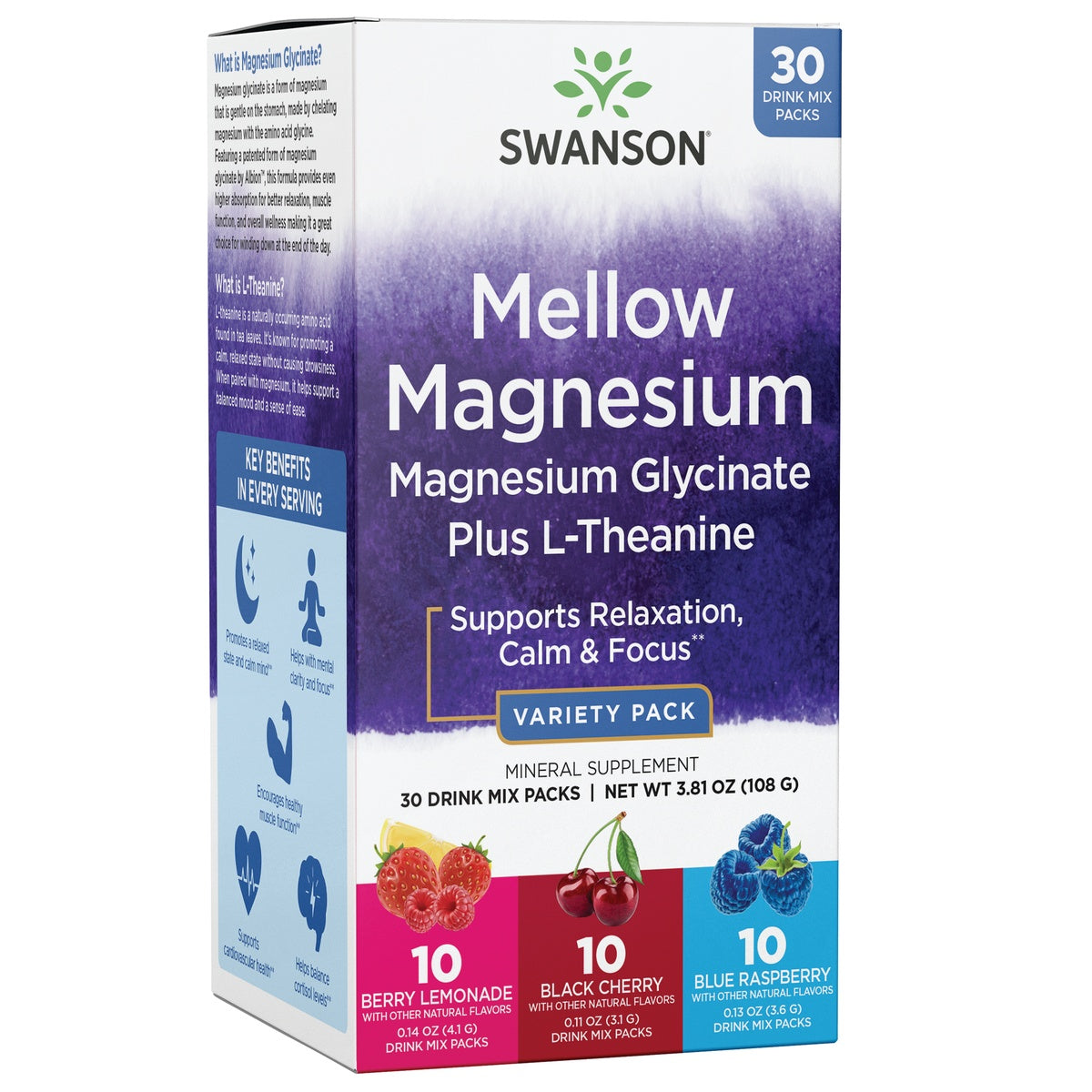 SW1986 | Swanson Mellow Magnesium Glycinate plus L-Theanine variety pack box, 30 drink mix packs, supports relaxation