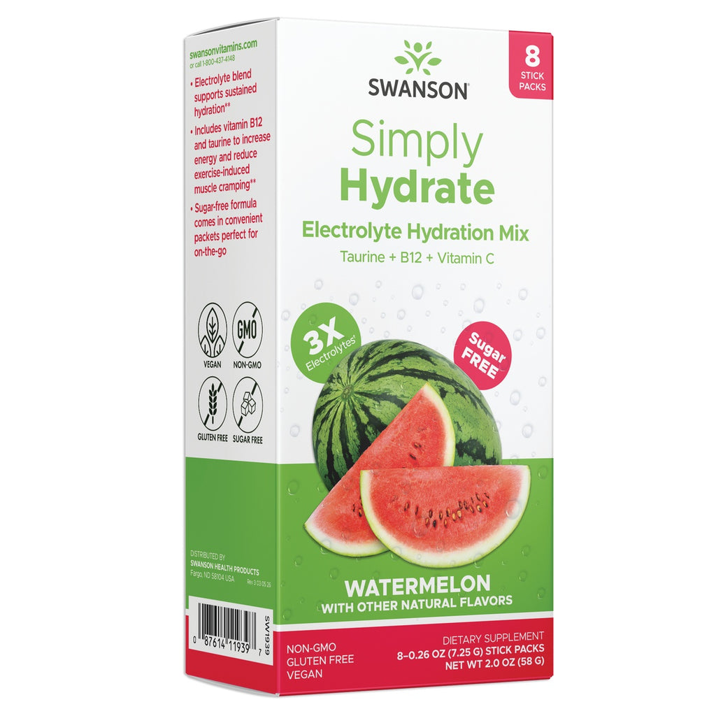 SW1939 | Swanson Simply Hydrate Electrolyte Hydration Mix, Watermelon, sugar free, 8 stick packs - Thumbnail