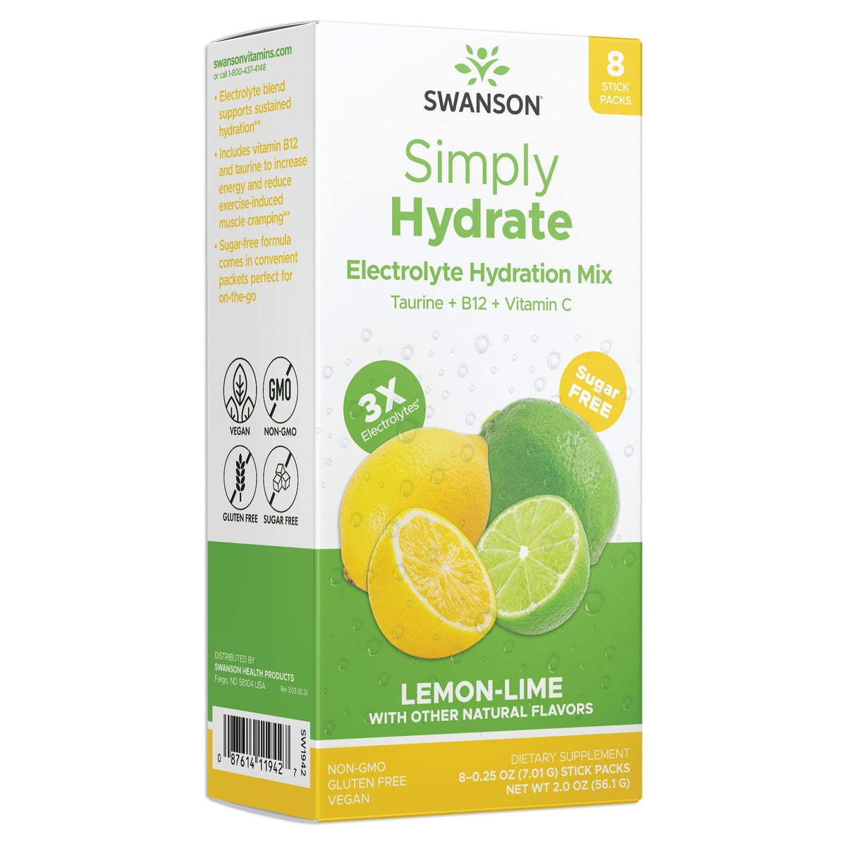 SW1942 | Swanson Simply Hydrate Electrolyte Hydration Mix, Lemon-Lime flavor, 8 stick packs, sugar free