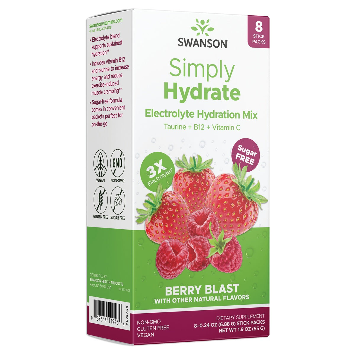 SW1943 | Swanson Simply Hydrate Electrolyte Hydration Mix Berry Blast, 8 stick packs, sugar free, 3X electrolytes