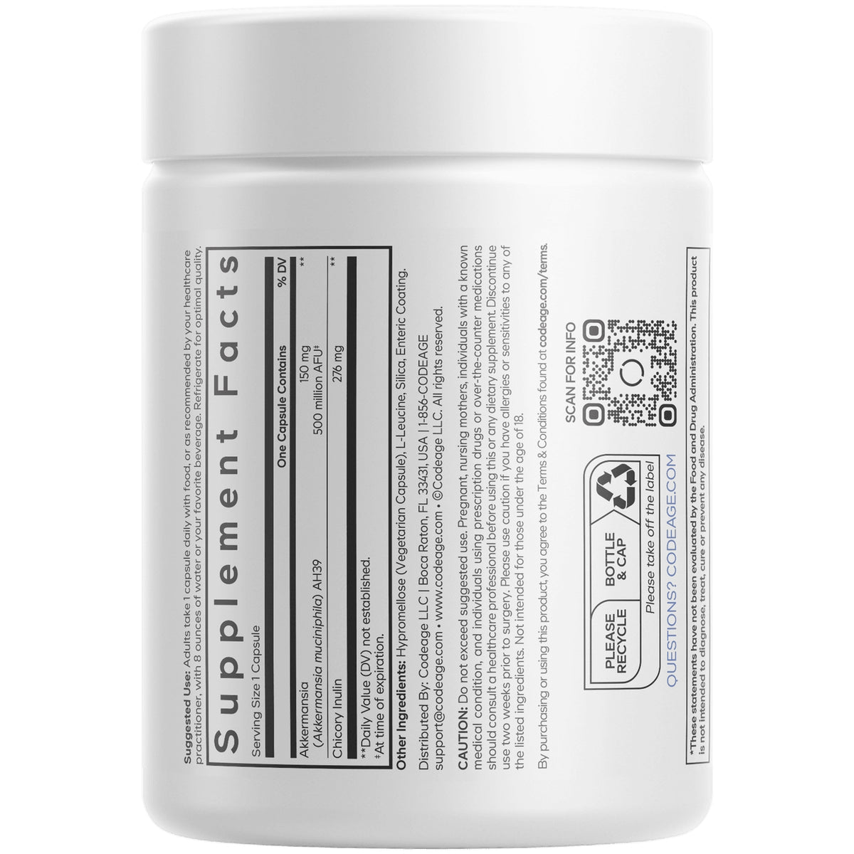 CDG005 | back of white supplement bottle showing Supplement Facts panel, QR code, barcode, and recycling symbols