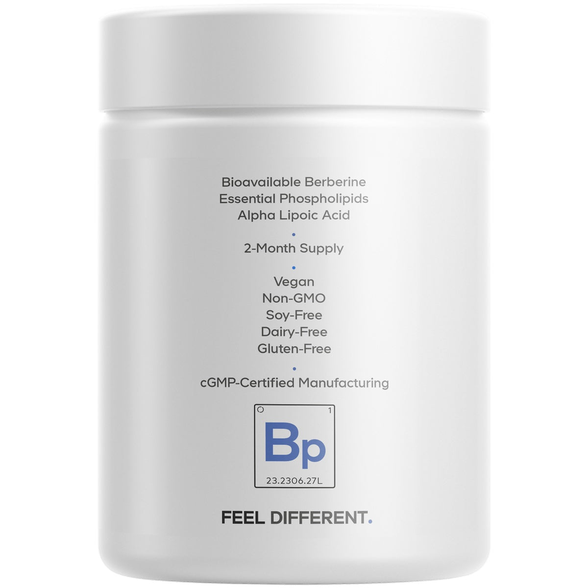 CDG013 | Back of white supplement jar listing Bioavailable Berberine, Essential Phospholipids, Alpha Lipoic Acid, 2-month supply, vegan, non-GMO, soy-free, dairy-free, gluten-free