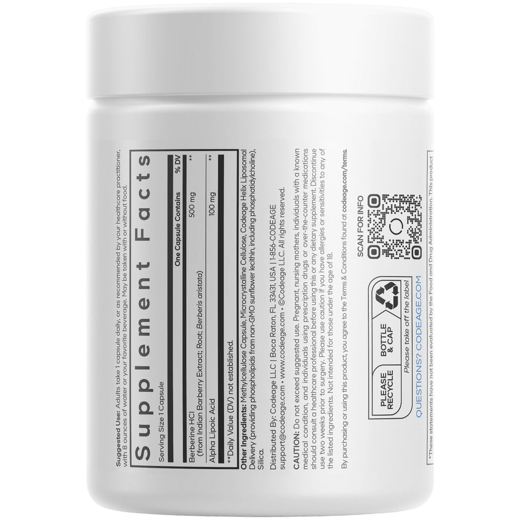 CDG013 | Back of white supplement bottle showing Supplement Facts panel, ingredient text, and QR code - Thumbnail
