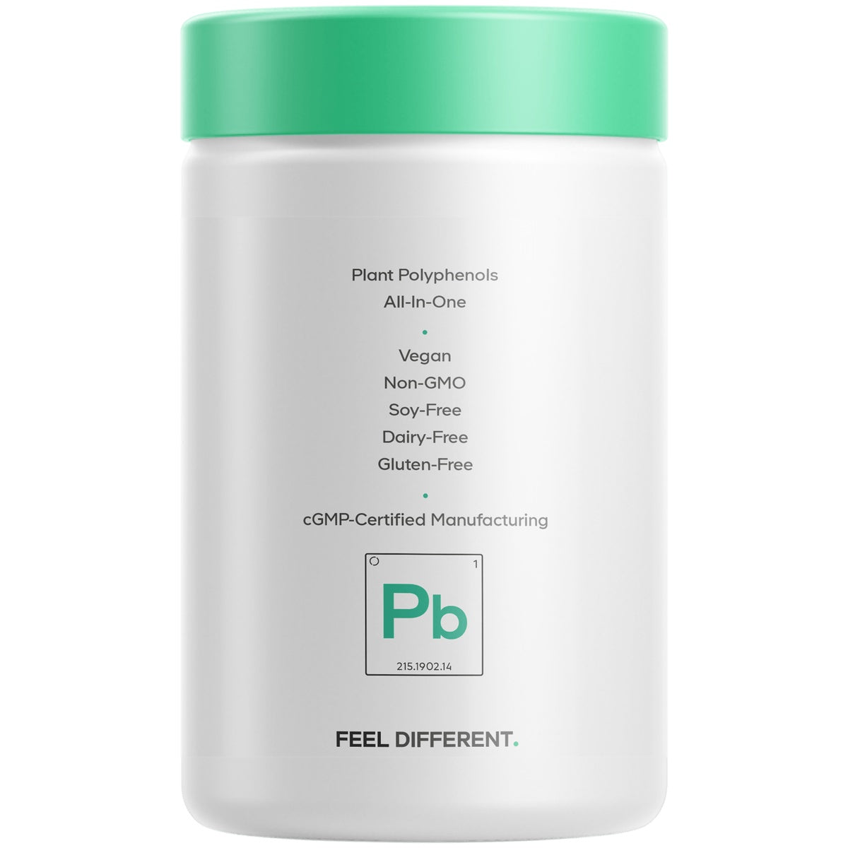 CDG054 | back label of white supplement jar listing Plant Polyphenols, Vegan, Non-GMO, Soy-Free, Dairy-Free, Gluten-Free, cGMP-certified manufacturing