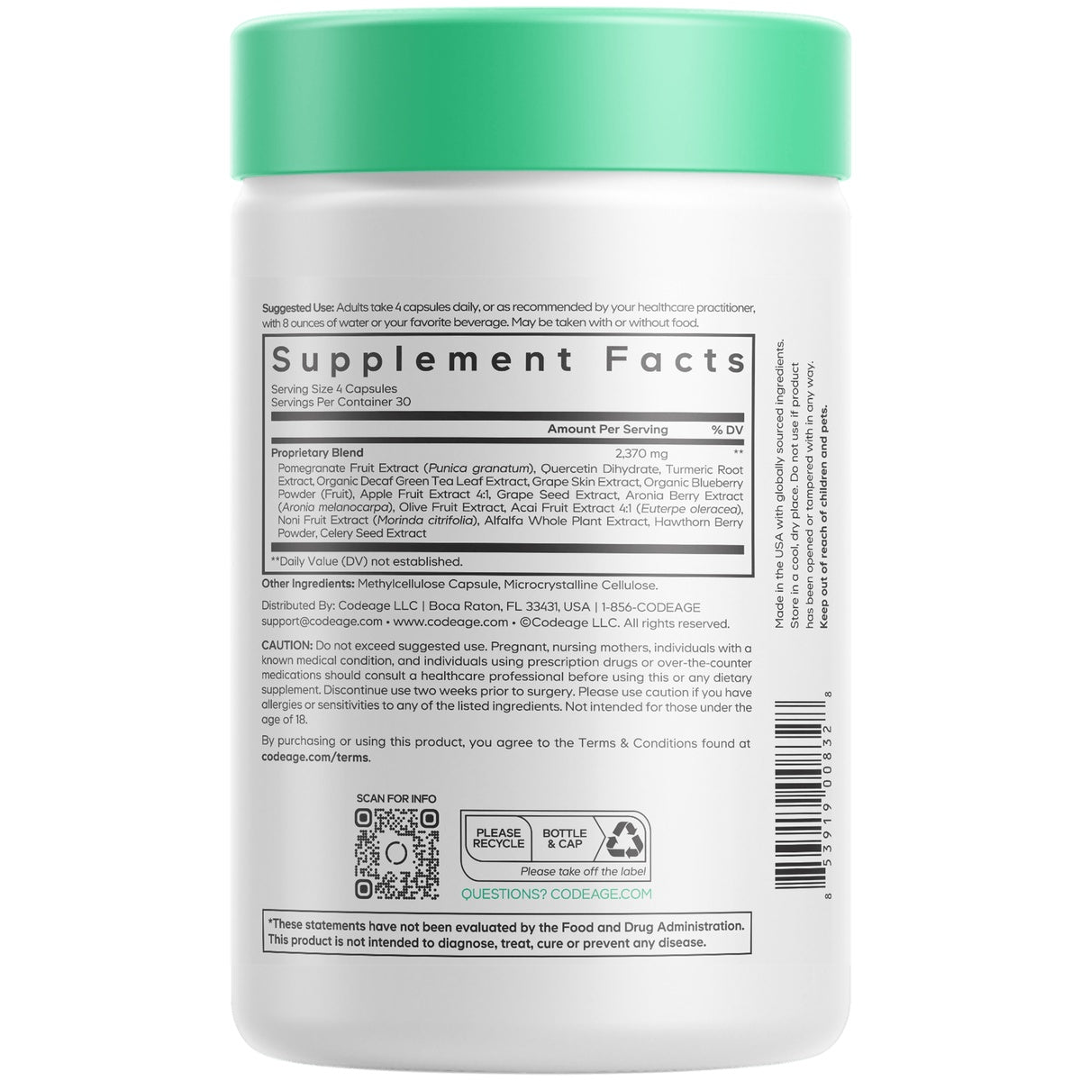 CDG054 | Codeage Polyphenols Broad Spectrum+ white supplement bottle labeled 120 vegetable capsules vegan plant-based