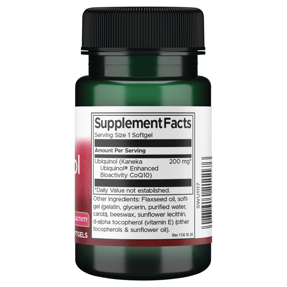 SWU1117 | Supplement facts panel for ubiquinol softgels, 200 mg, with ingredients, use, and warnings