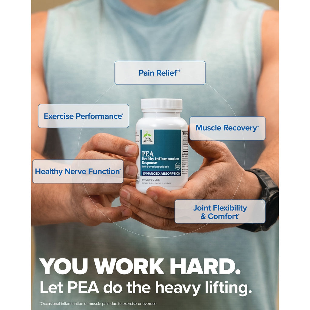EUR075 | Product infographic with text YOU WORK HARD Let PEA do the heavy lifting, featuring a man holding a supplement bottle of PEA surrounded by callouts for the product - Thumbnail