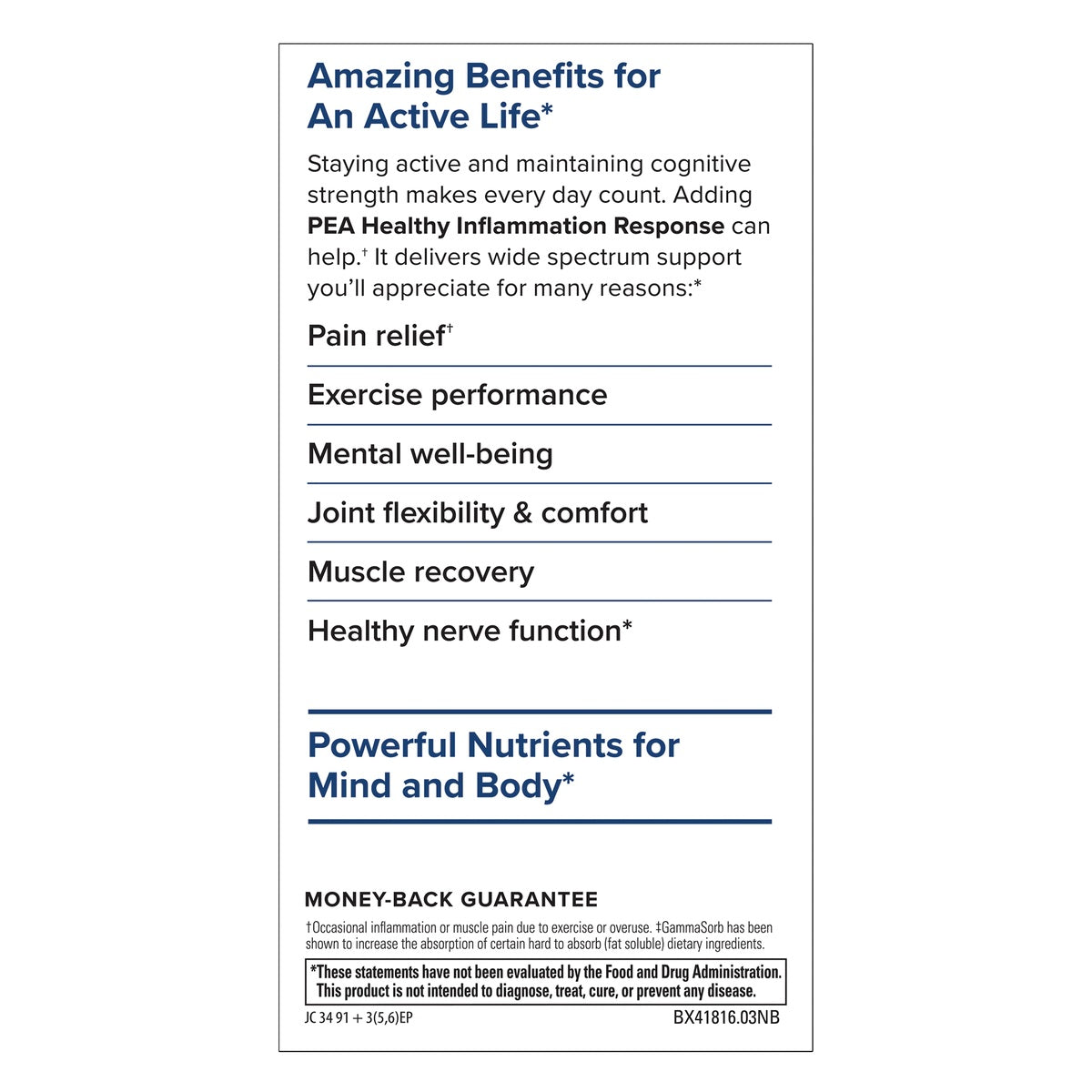 EUR075 | Product infographic highlighting benefits for active life, pain relief, exercise performance, and mental well-being