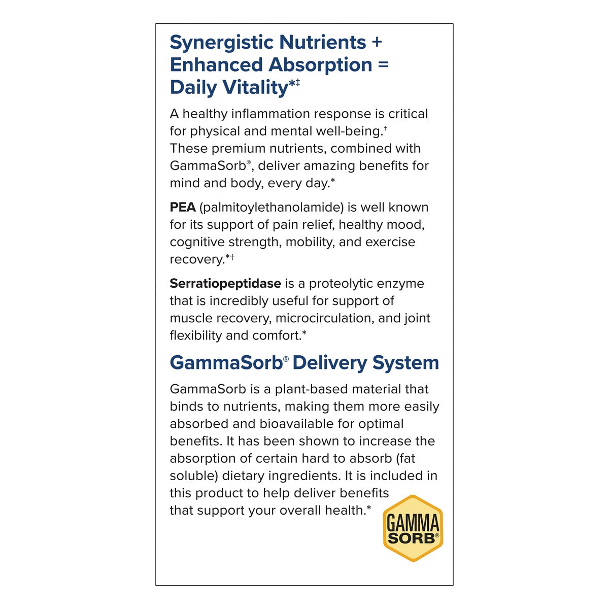 EUR075 | Infographic on synergistic nutrients, enhanced absorption, and GammaSorb delivery system for daily vitality