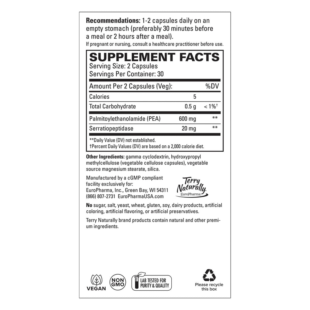 EUR075 | Supplement facts panel for Terry Naturally EuroPharma capsules with ingredients, directions, and certifications - Thumbnail