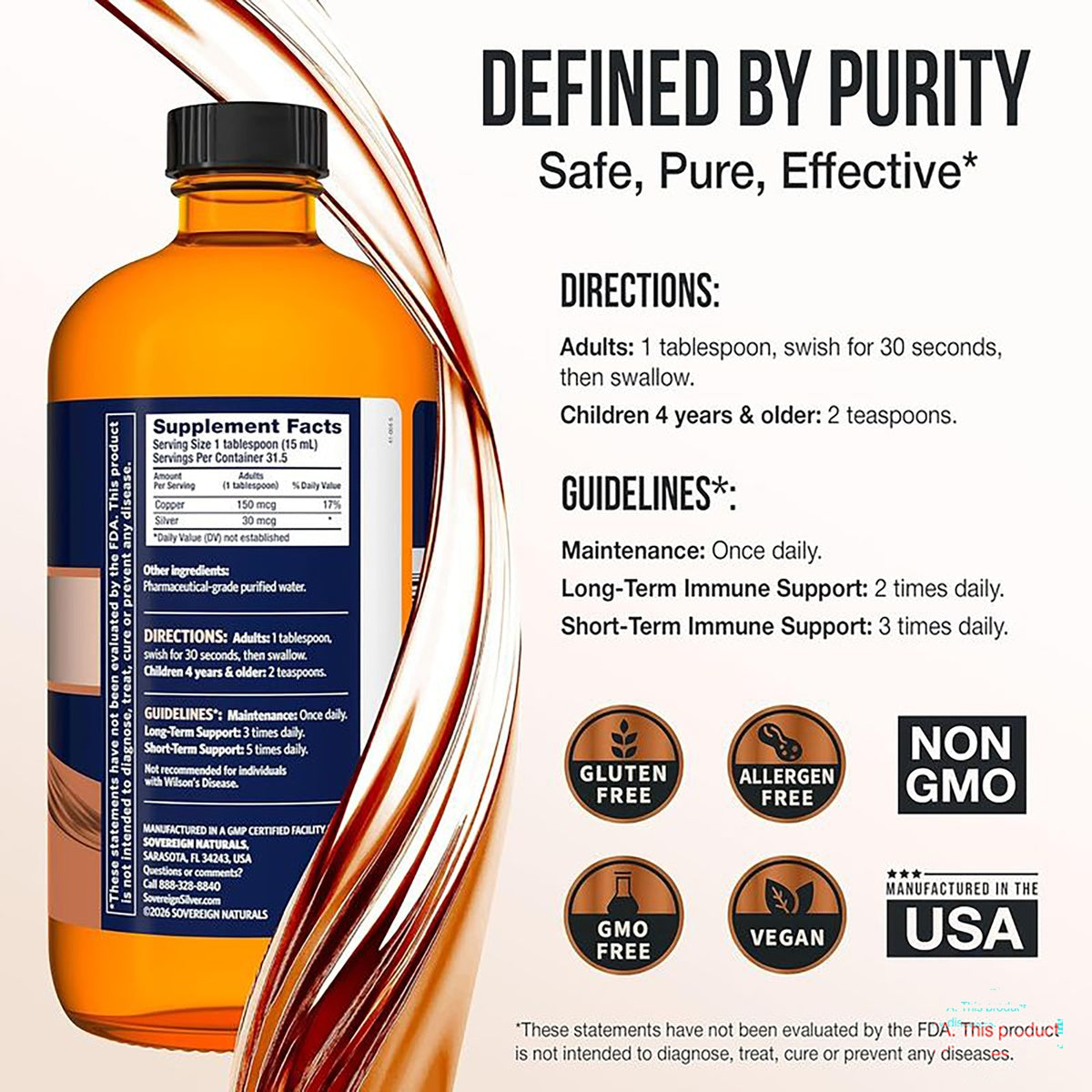 SSL013 | Back label with Supplement Facts, ingredients, directions, and guidelines; SovereignCopper.com