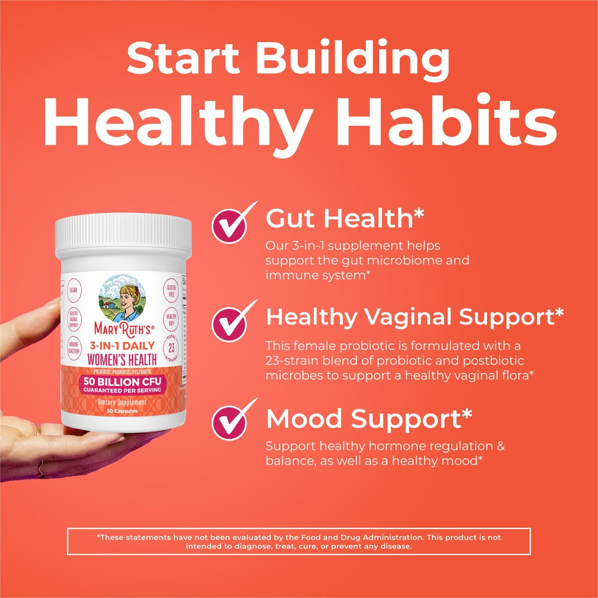 MRR028 | side panel infographic listing probiotic benefits, 21 probiotic strains, vegan, dairy free, shelf stable, and contact info