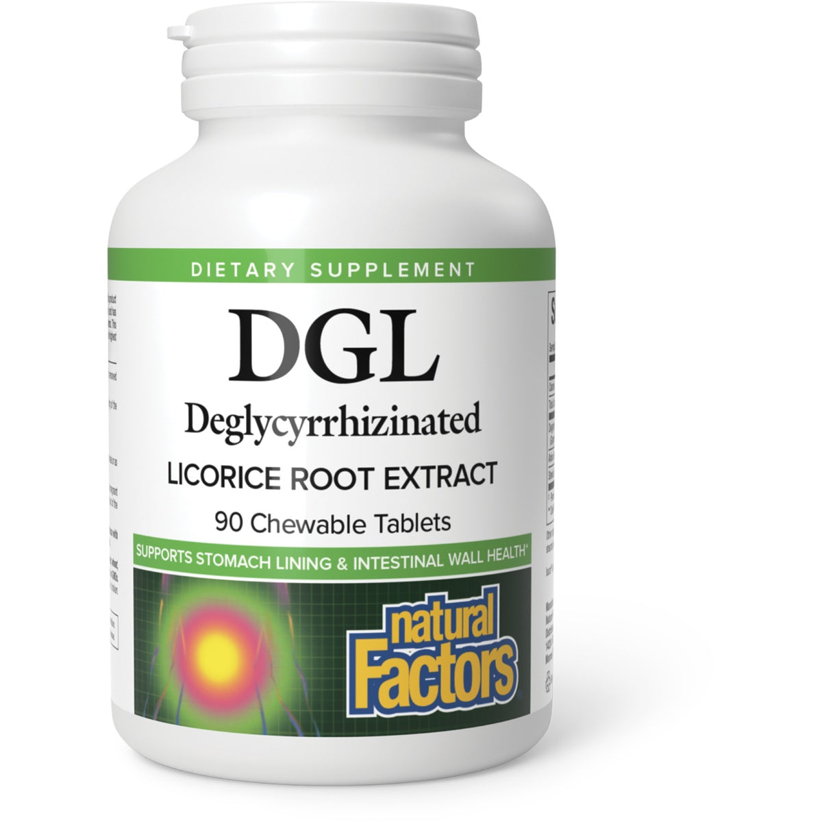 NFC041 | White bottle labeled DGL Deglycyrrhizinated Licorice Root Extract 90 Chewable Tablets by Natural Factors