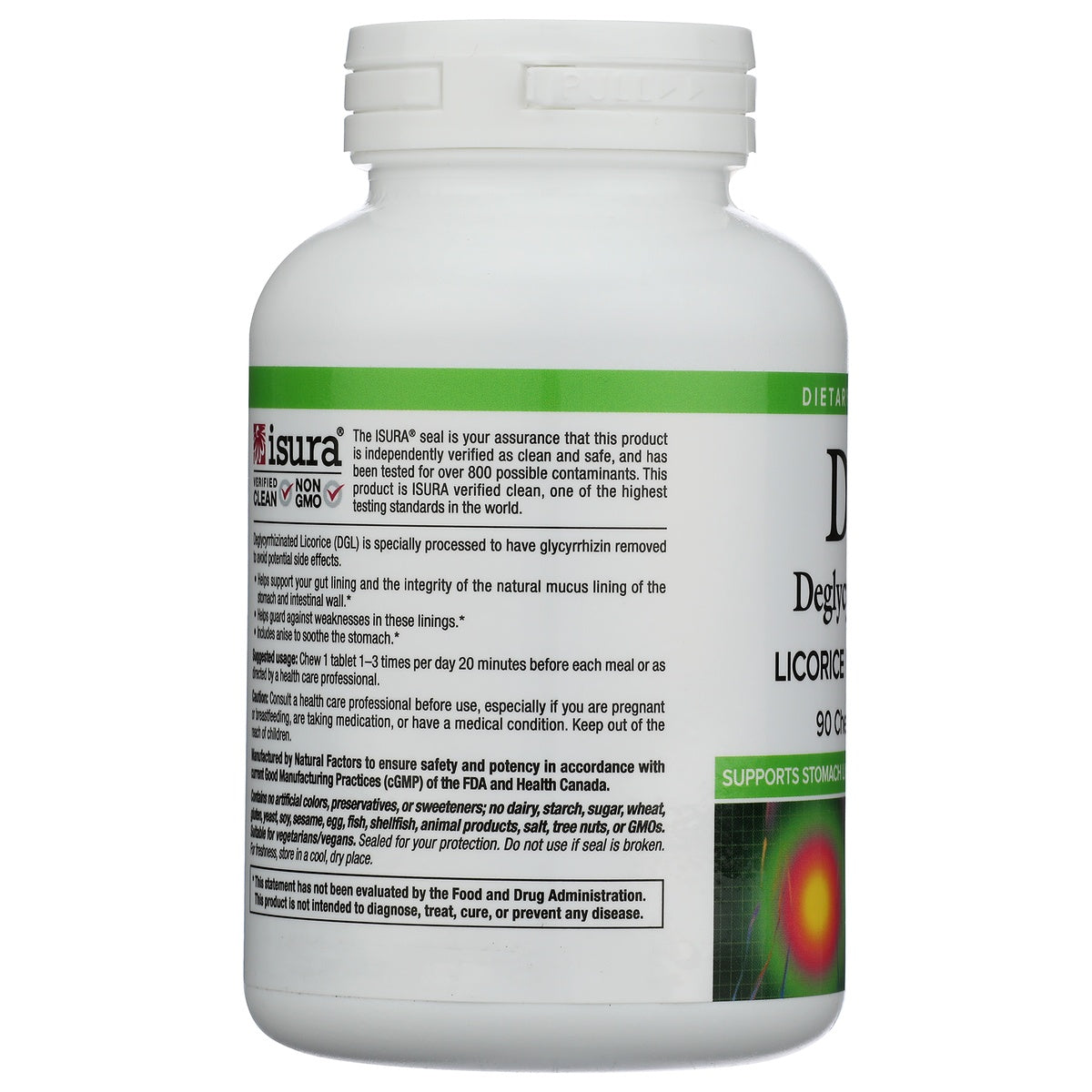 NFC041 | White supplement bottle with green label showing ISURA verified clean and Non GMO claims