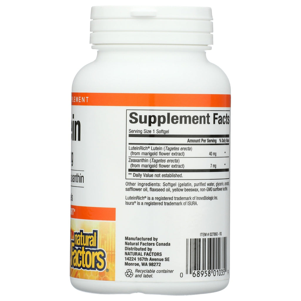 NFC178 | Natural Factors supplement bottle showing Supplement Facts for LuteinRich Lutein and Zeaxanthin softgels - Thumbnail