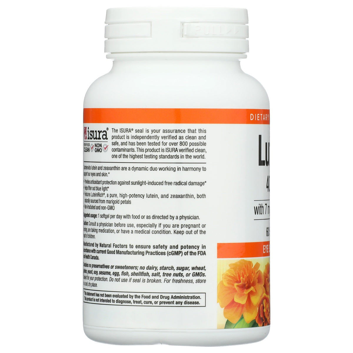 NFC178 | Back label of a lutein and zeaxanthin dietary supplement bottle with usage instructions and warnings