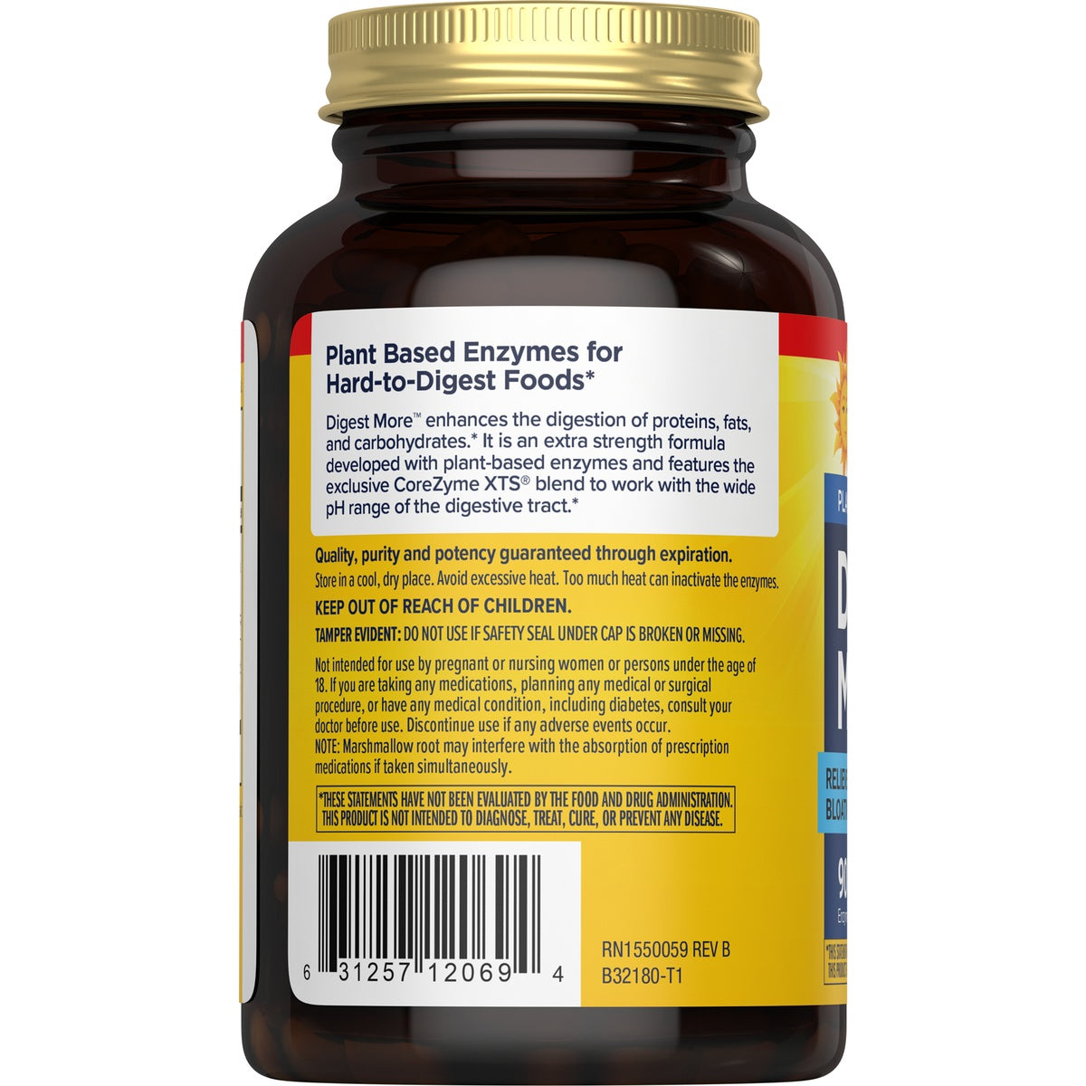 RNL226 | Back of yellow and blue Renew Life supplement box with gut wellness text, icons, and Made with vegetarian capsules note