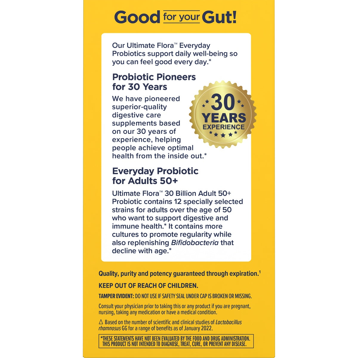 RNL233 | Brand infographic about Ultimate Flora 30 Billion Adult 50+ Probiotic with 30 years experience and benefits